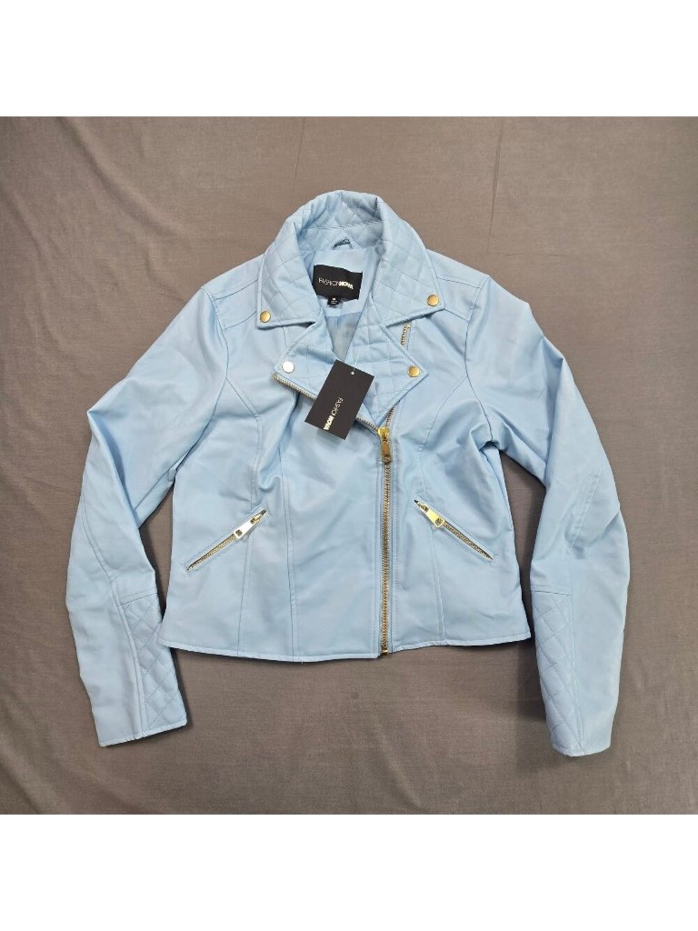 Fashion Nova Medium Faux Leather Moto Jacket Light Blue Quilted Zip